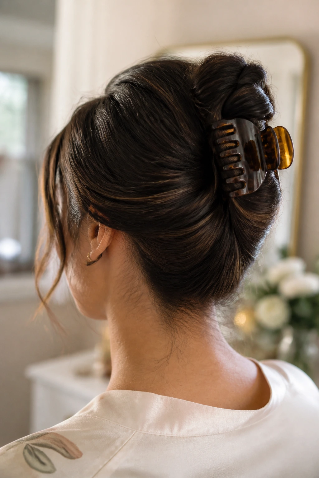 Close-up of a claw-clip French twist on a real person