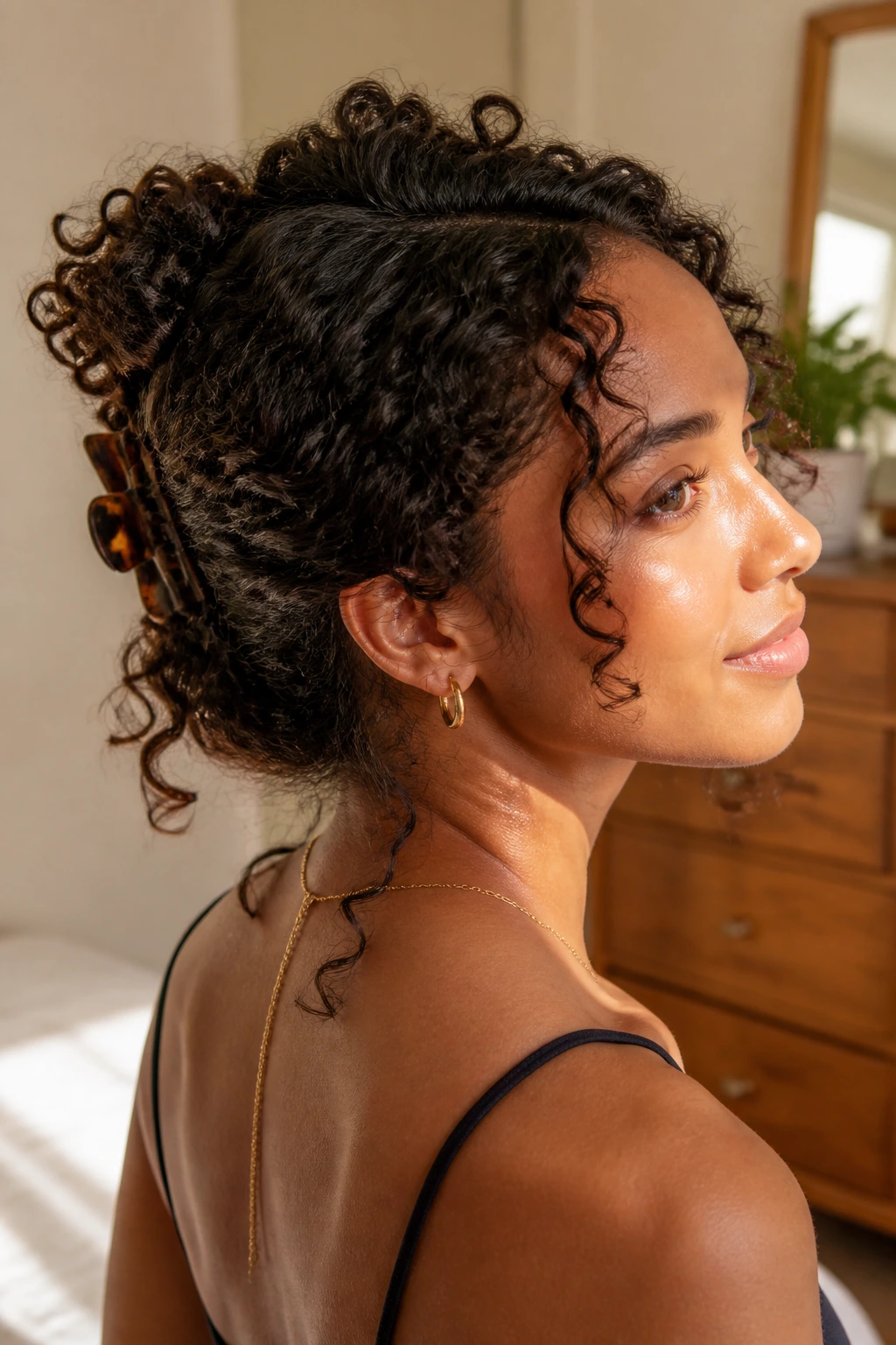 Close-up of a real woman with a claw-clip twist on 3b curls in a sunlit bedroom