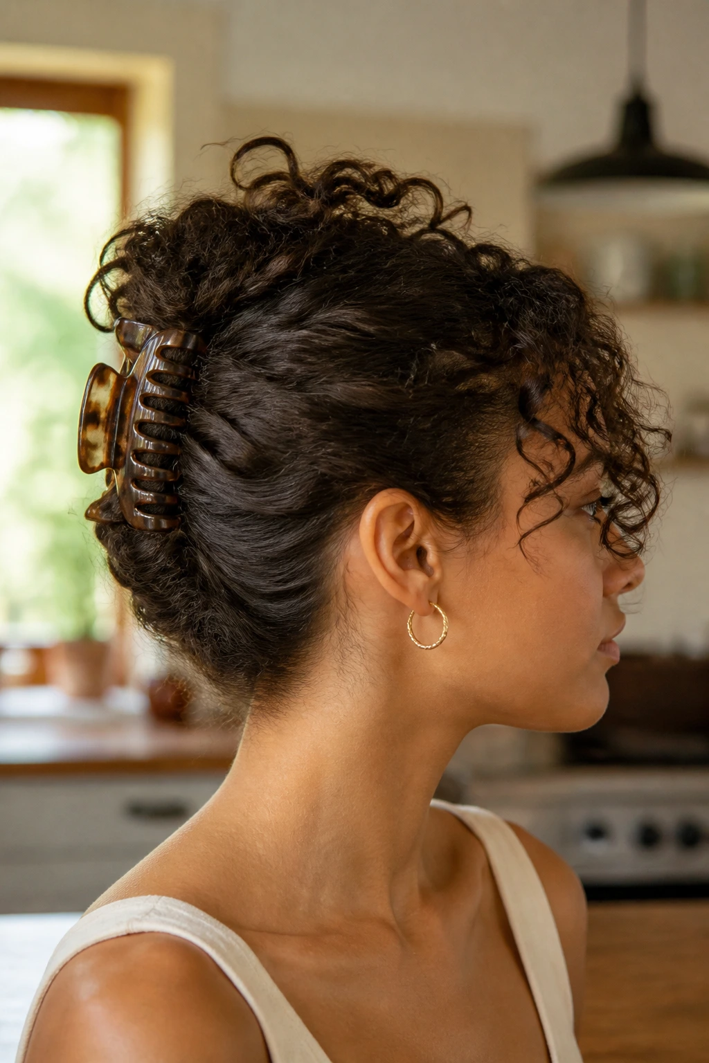 Close-up of a person with a claw-clip French twist hairstyle