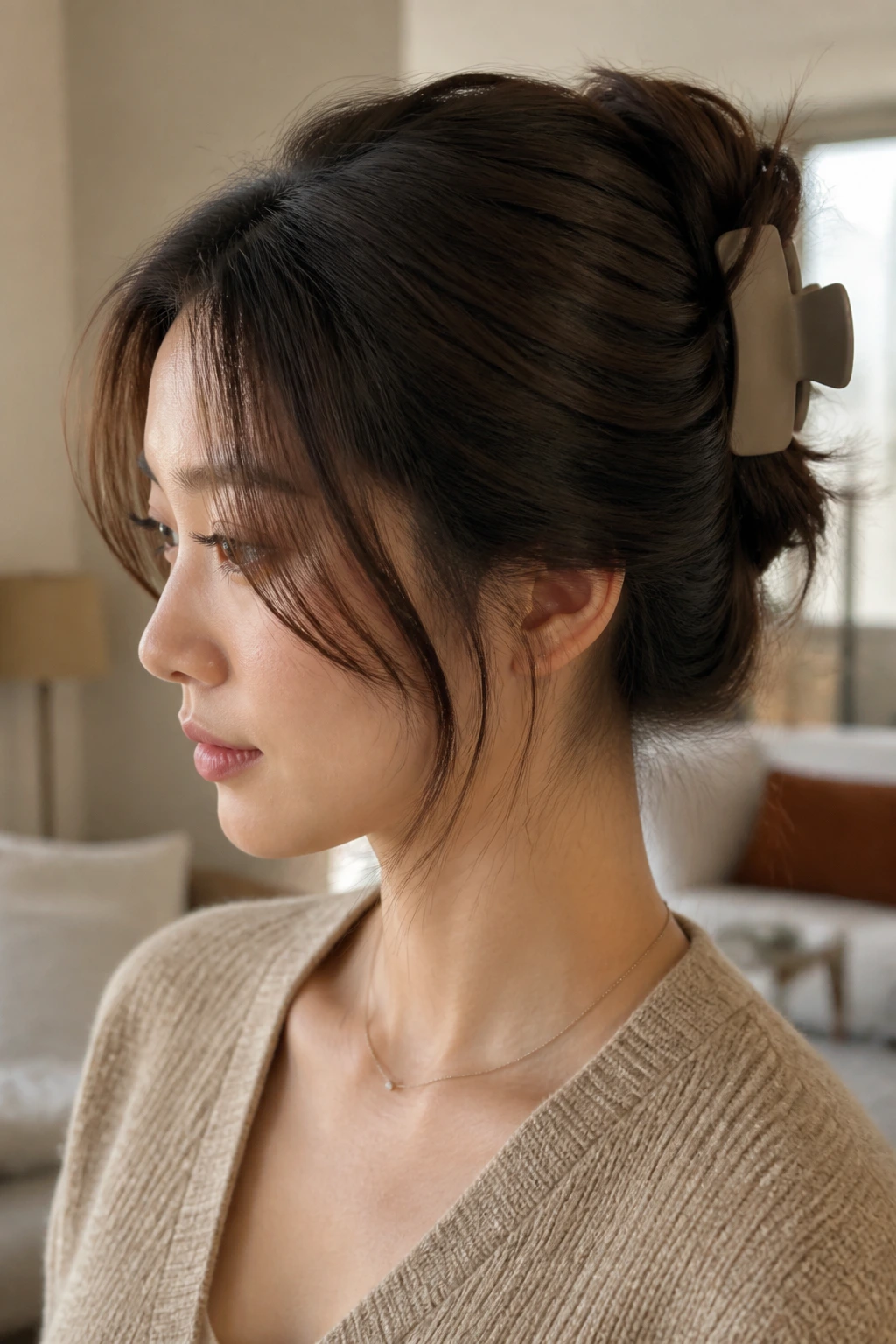 Real person with claw clip twist and face-framing pieces