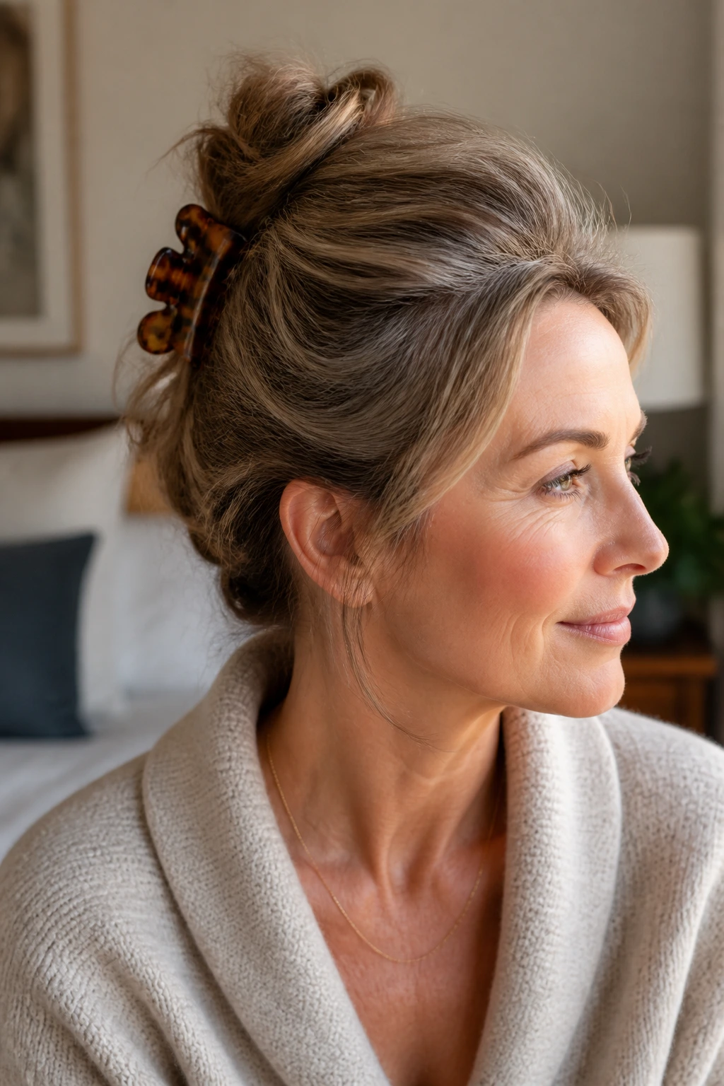 Close-up of a real woman with a claw clip twist hairstyle in a sunlit bedroom