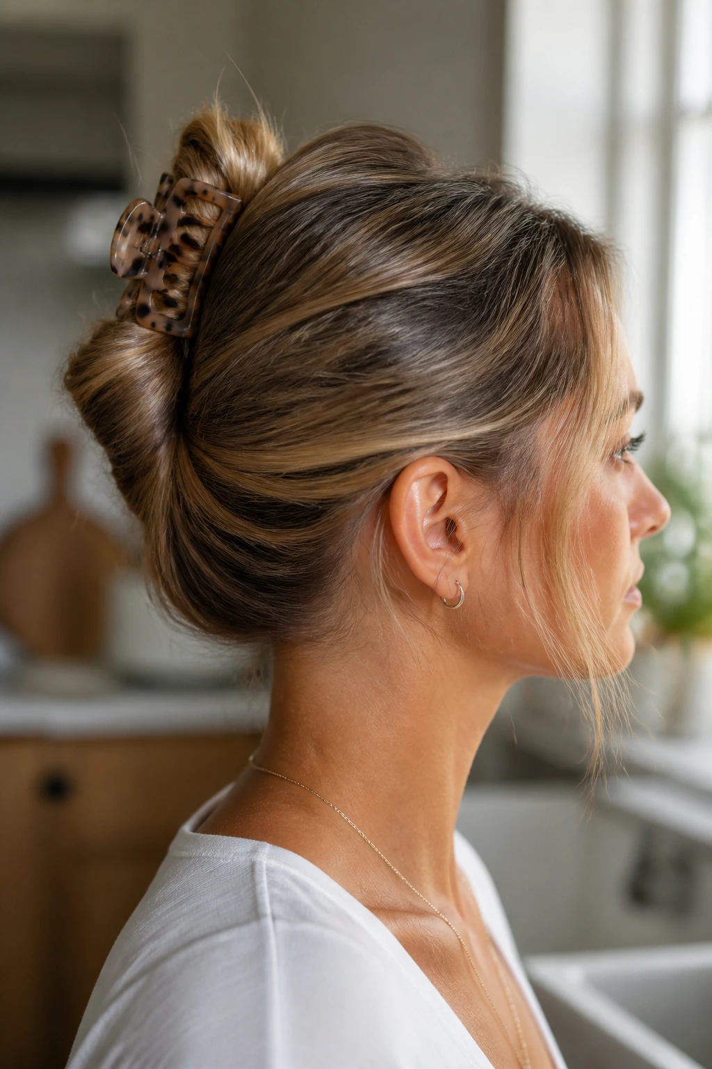 Profile view of a real woman with a claw-clip twist hairstyle