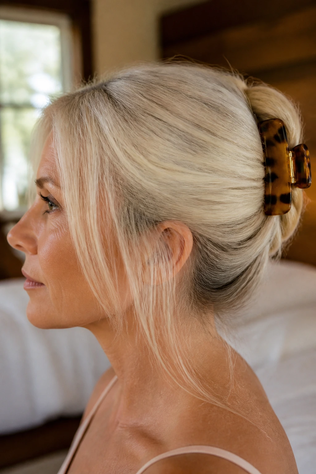 Close-up of a real woman with claw-clip twist hairstyle in long straight hair