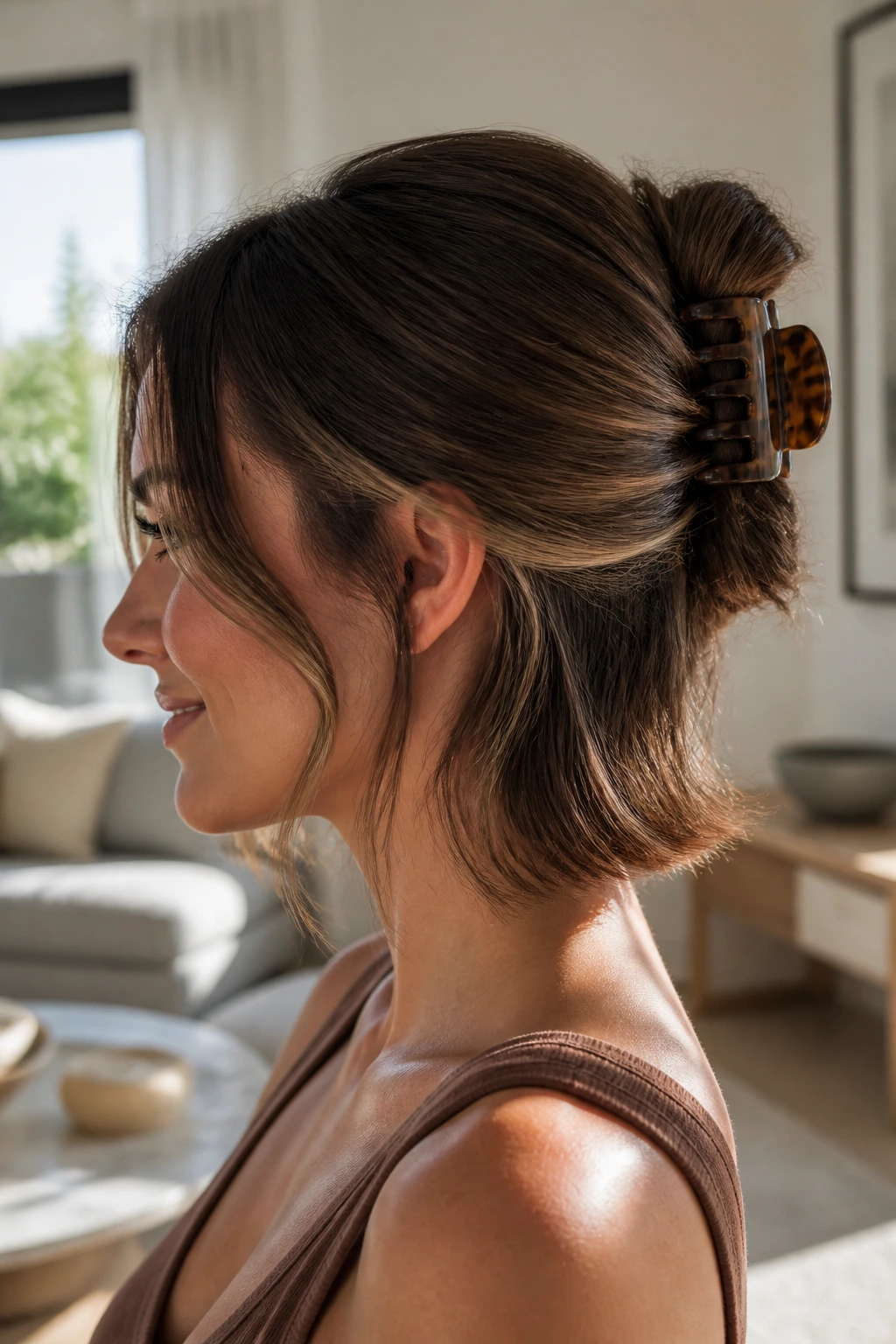 Close-up of a woman with a claw-clip twist on shoulder-length hair in a bright living room