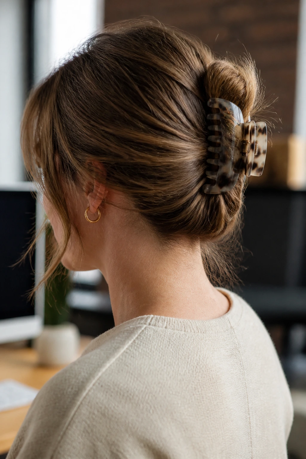 Close-up of a soft twist secured with a claw clip.