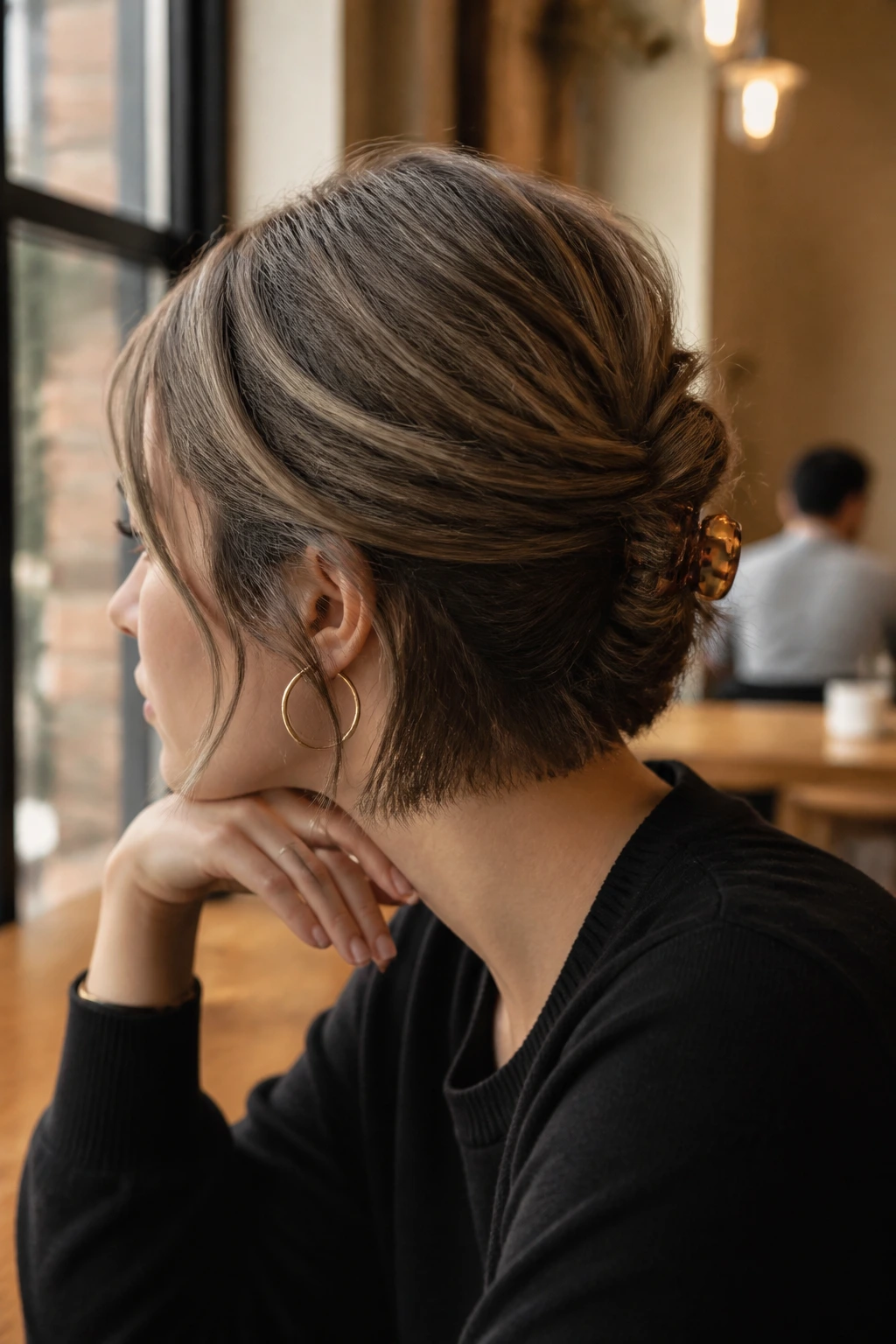 Close-up of a real woman with a twist at the back secured by a claw clip.