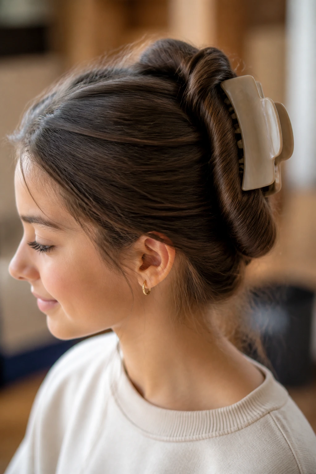 Close-up of a real girl with thick hair twisted and clipped with a claw clip