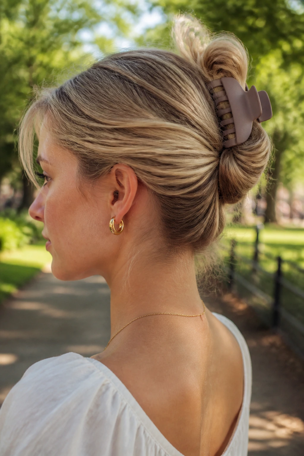 Portrait of a woman with claw clip twist hairstyle.