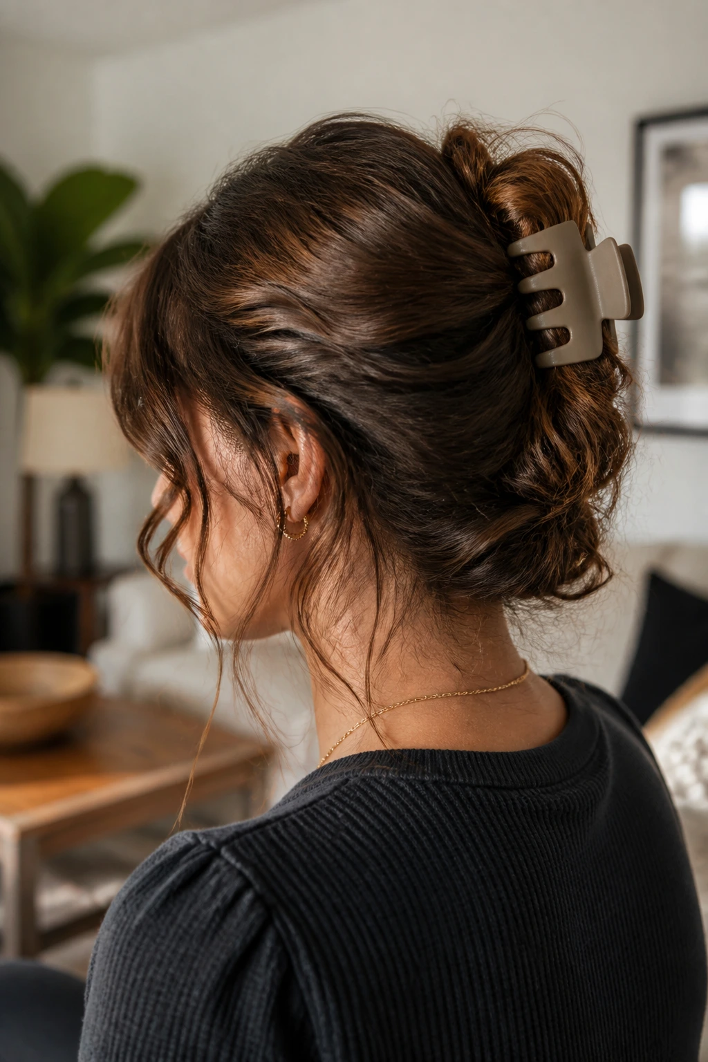 Real woman with twisted back tied by a matte claw clip in a cozy living room