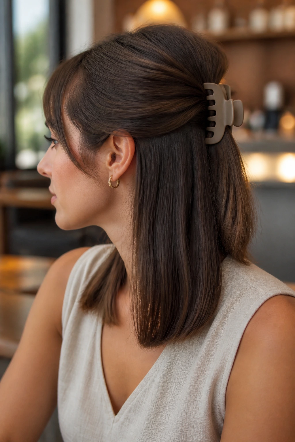 Close-up of a woman with a twist half-up secured by a claw clip and straight lower hair