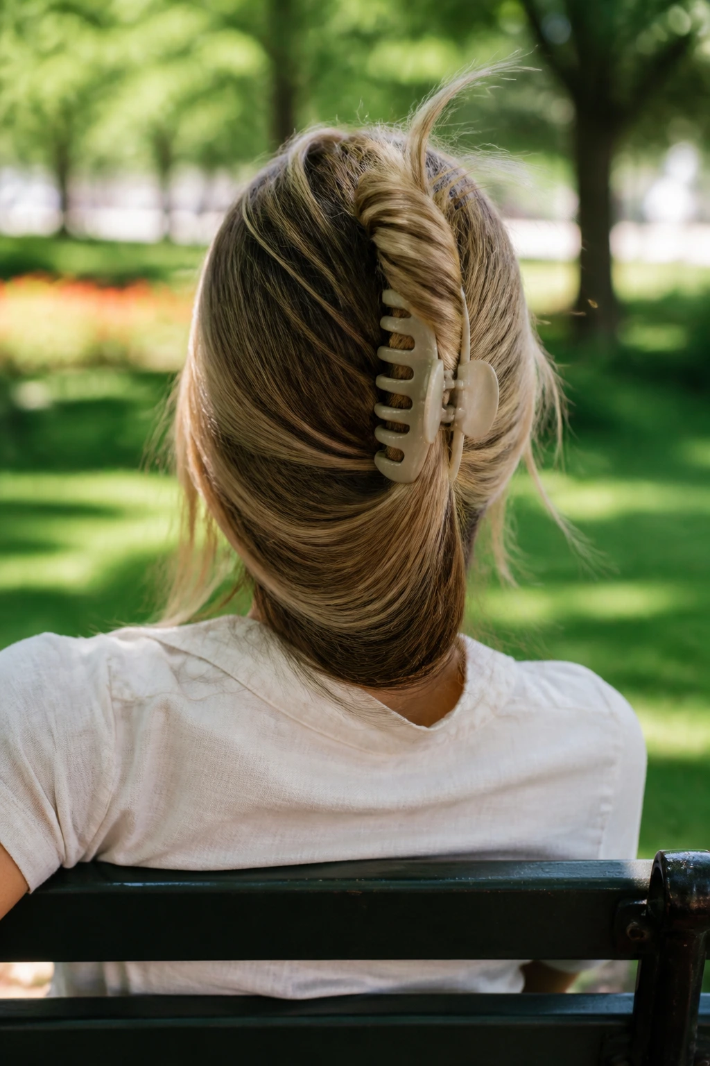 Back view of a woman with a twist secured by a claw clip in long hair