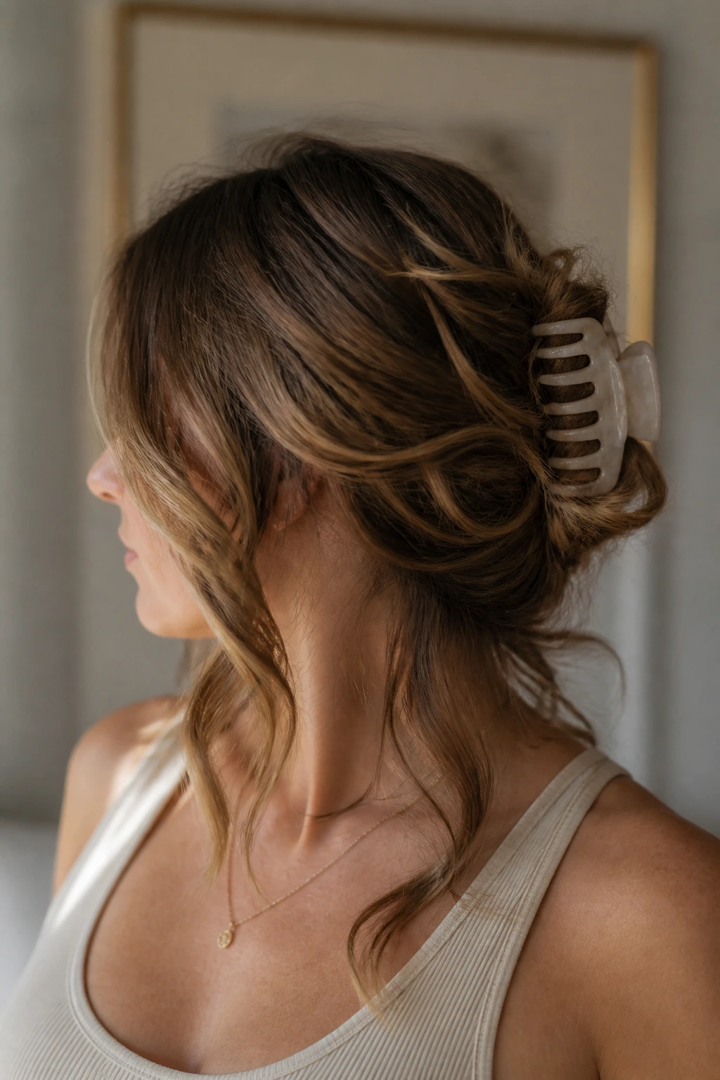 Close-up of a real woman with a claw-clip twist and loose wavy ends