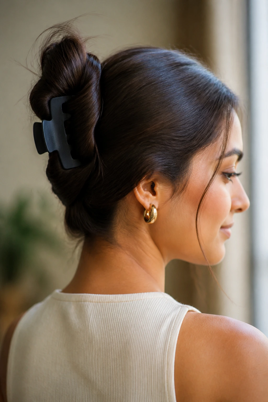 Portrait of a woman with a sleek middle-part claw clip twist.