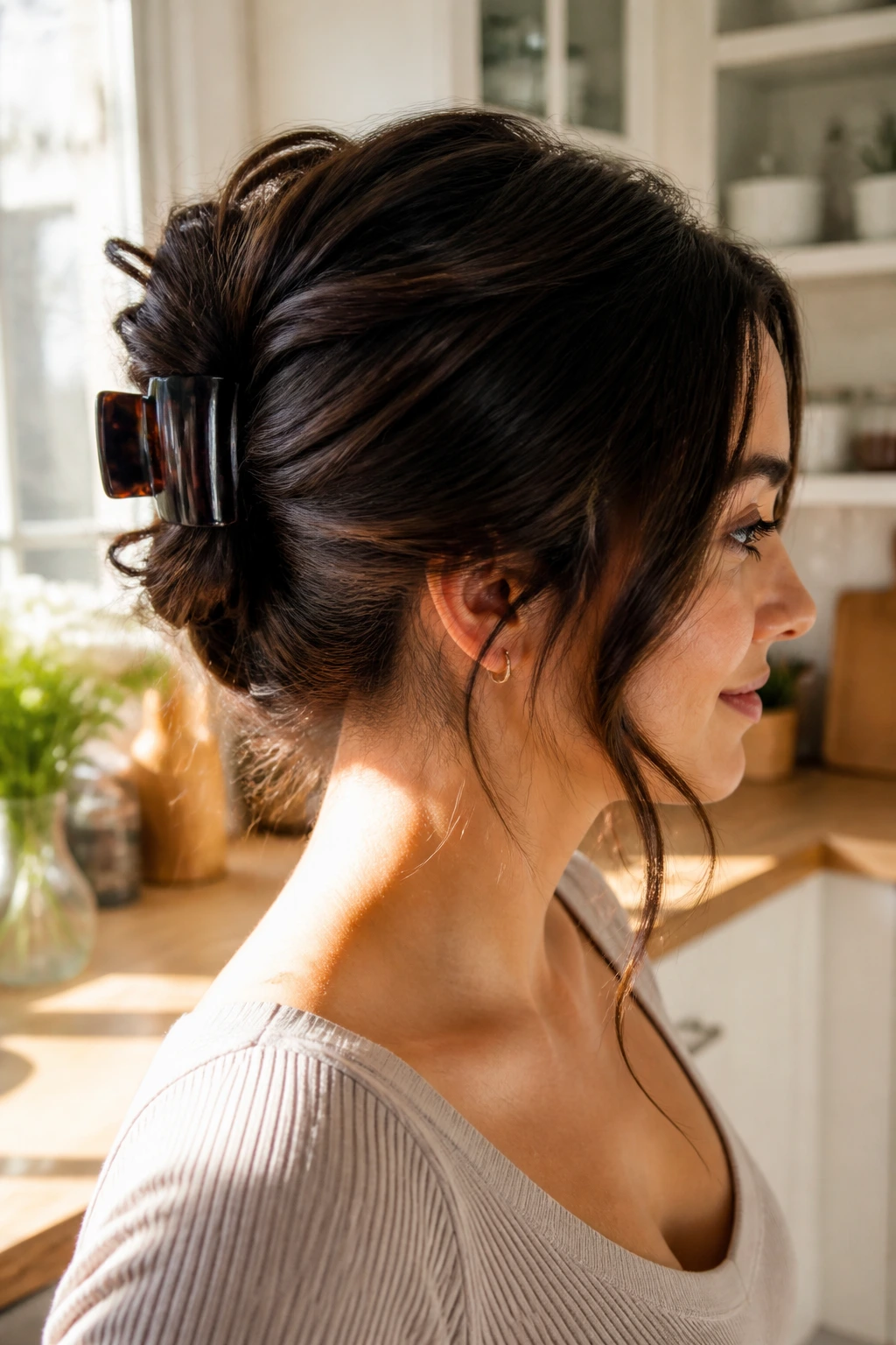 Portrait of a real woman with a claw-clip twist hairstyle
