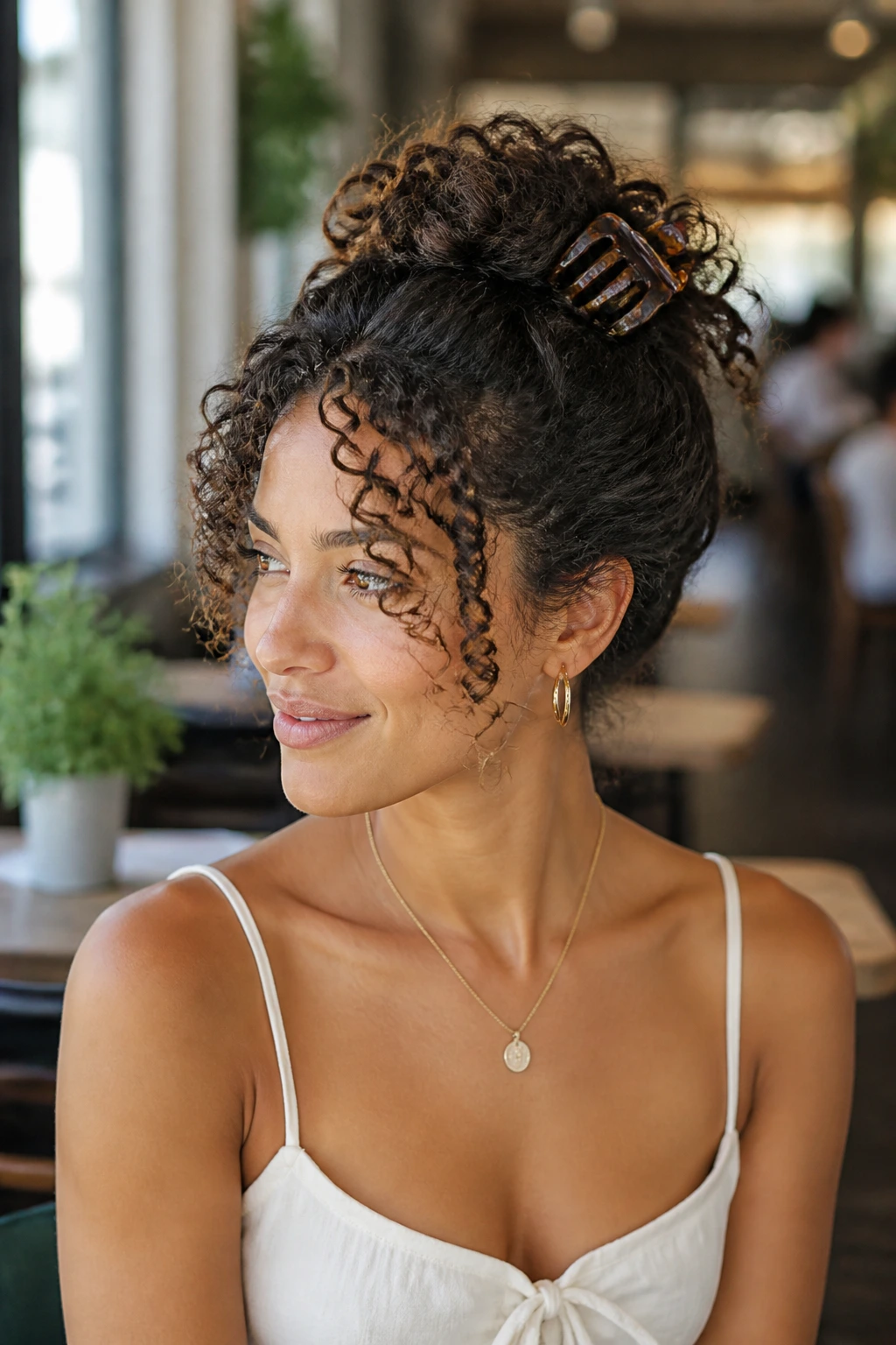 Portrait of a real woman with a claw-clip twist-up hairstyle