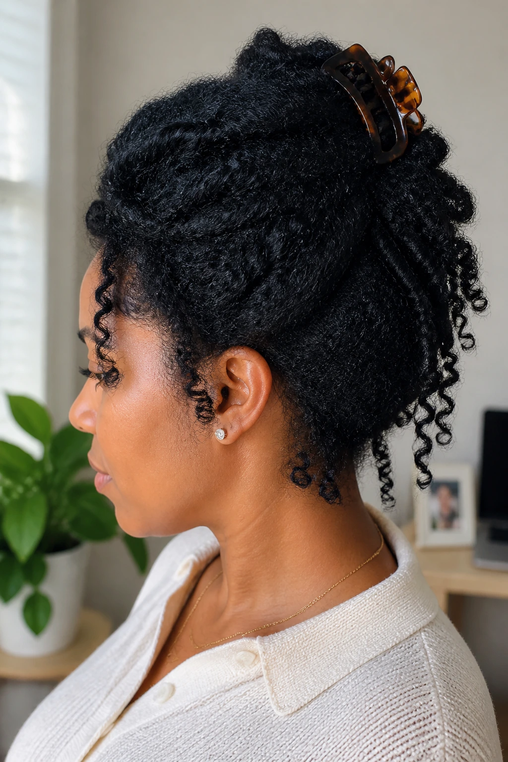 Profile shot of a real woman with a claw-clip twist-up hairstyle.