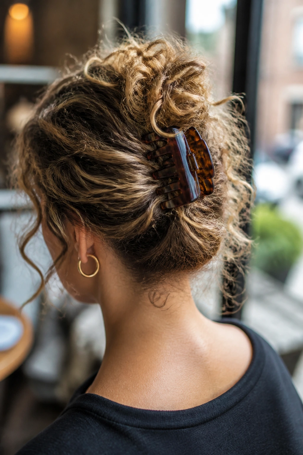 Close-up of a real woman with a claw-clip twist and curls spilling over the clip