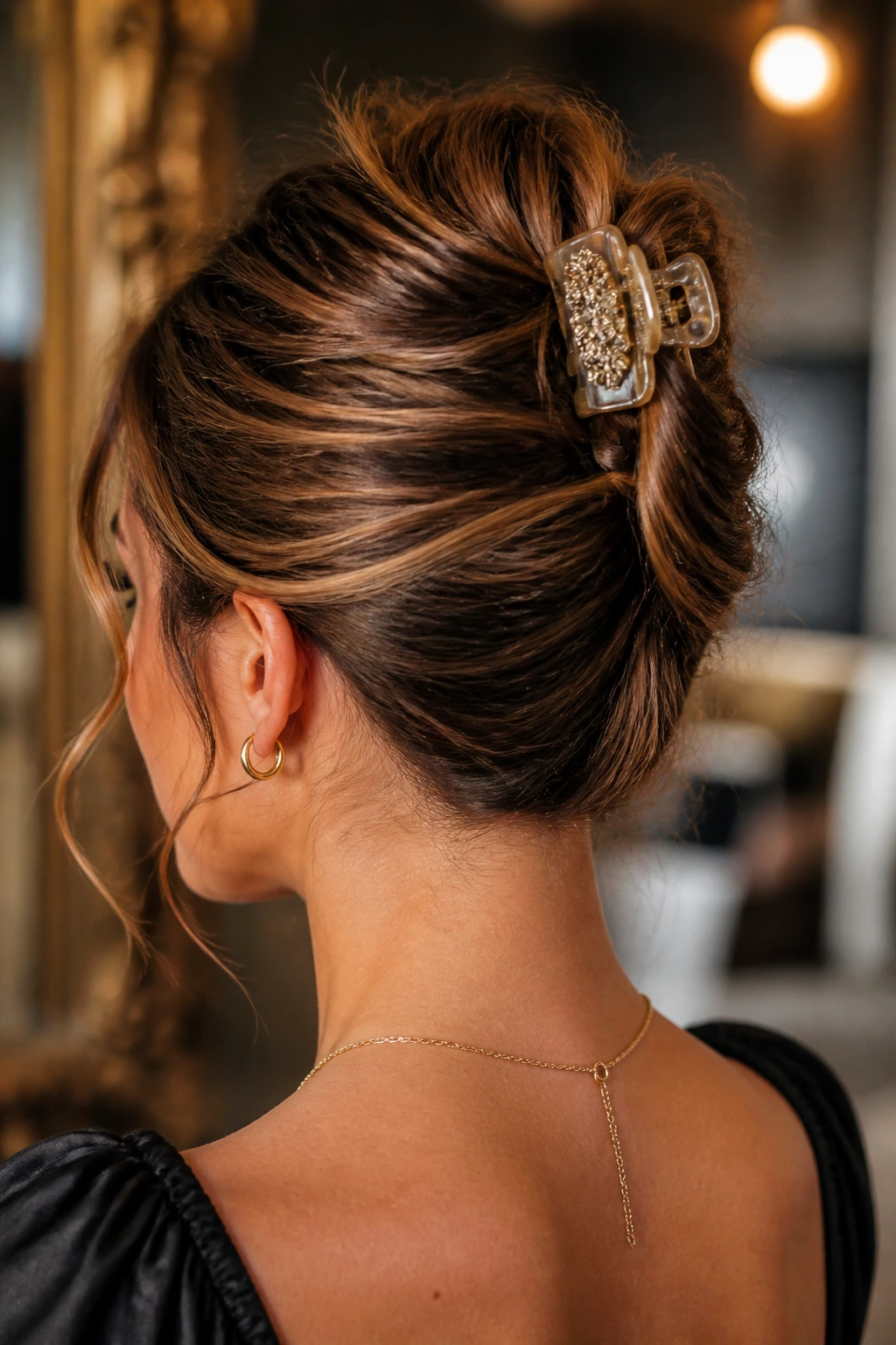 Close-up of a real person with a decorative claw clip twist hairstyle