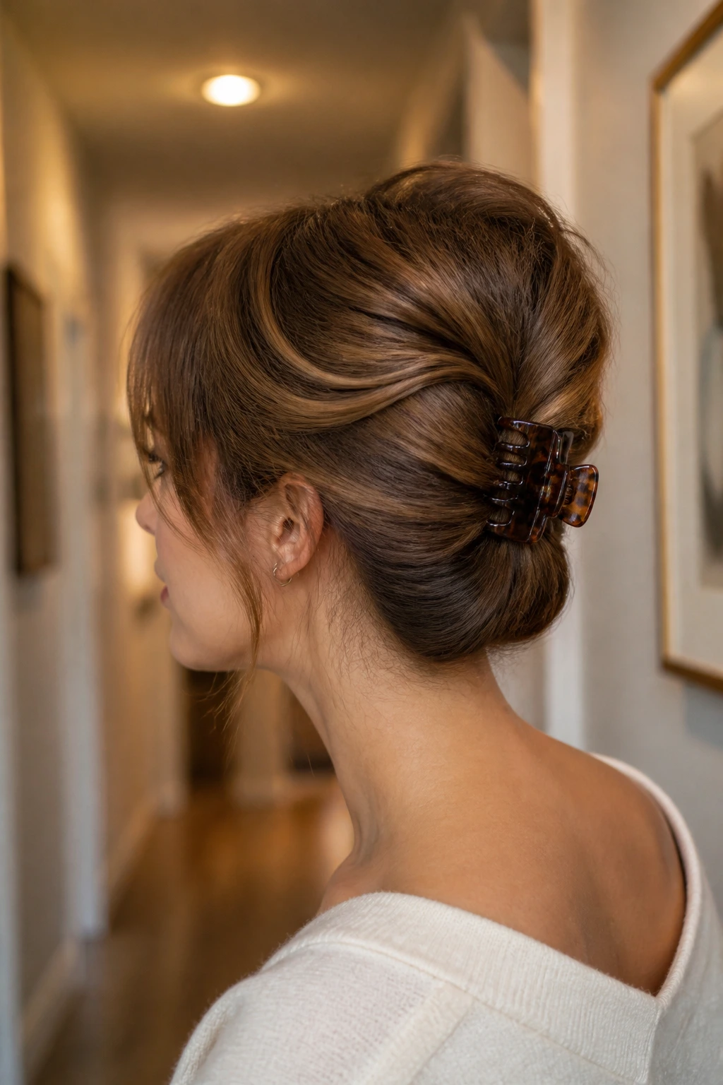 Close-up of a woman with a claw-clip French twist
