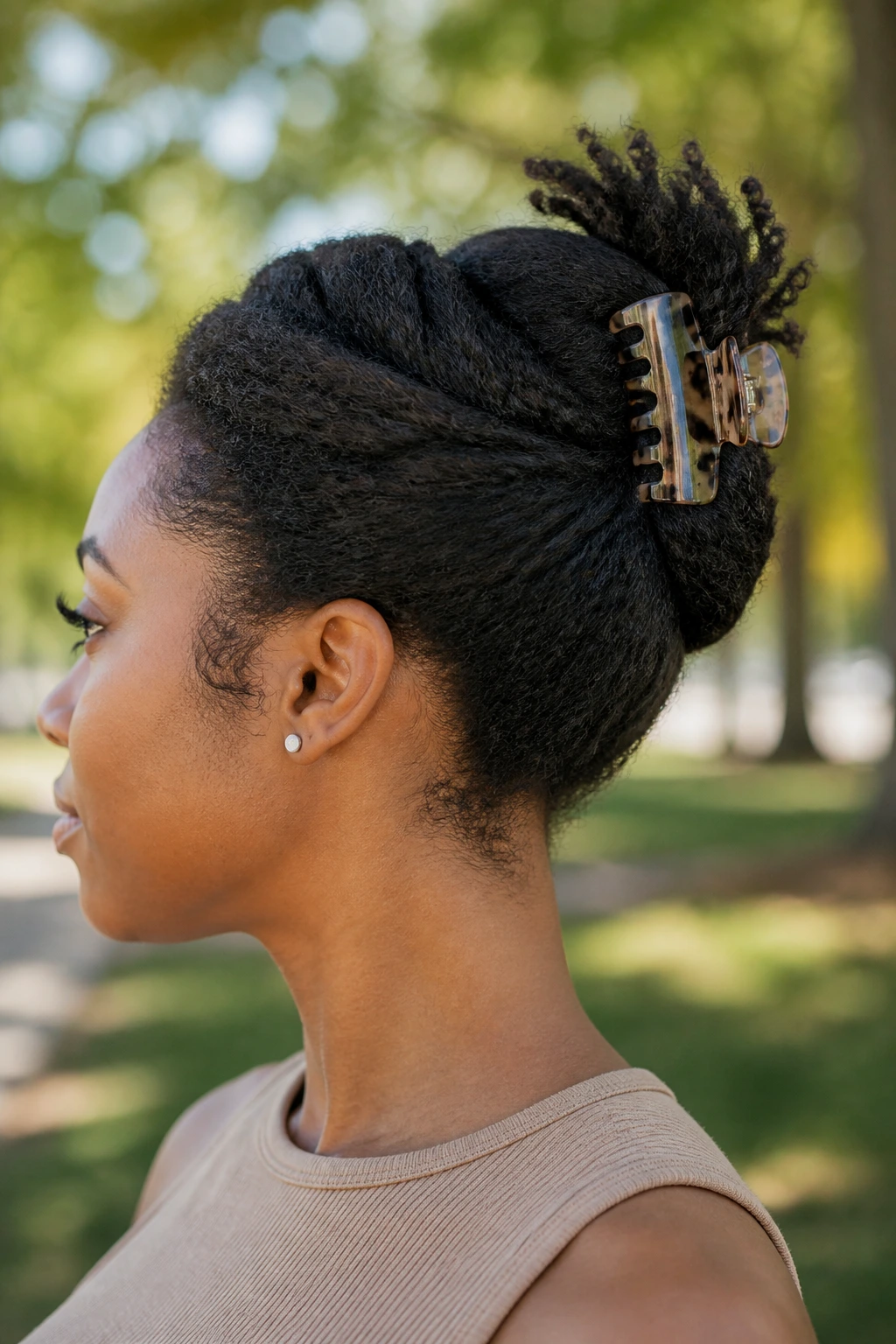 Real woman with a claw clip twisted bun in daylight.