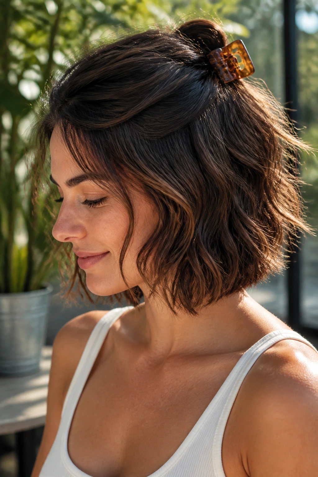 Real woman with half-up hairstyle using a claw clip and waves