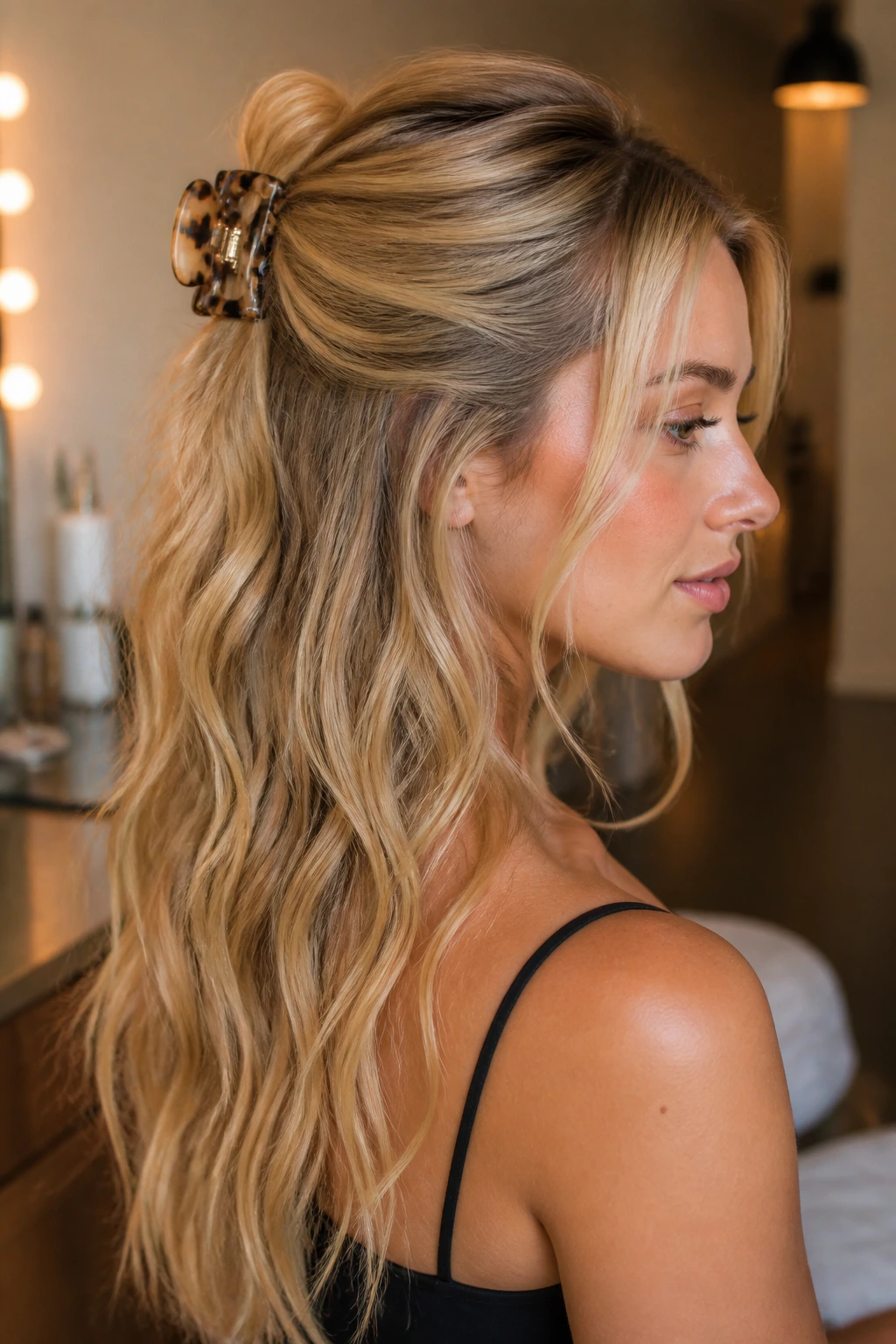 Close-up portrait of a real woman with claw clip half-up waves