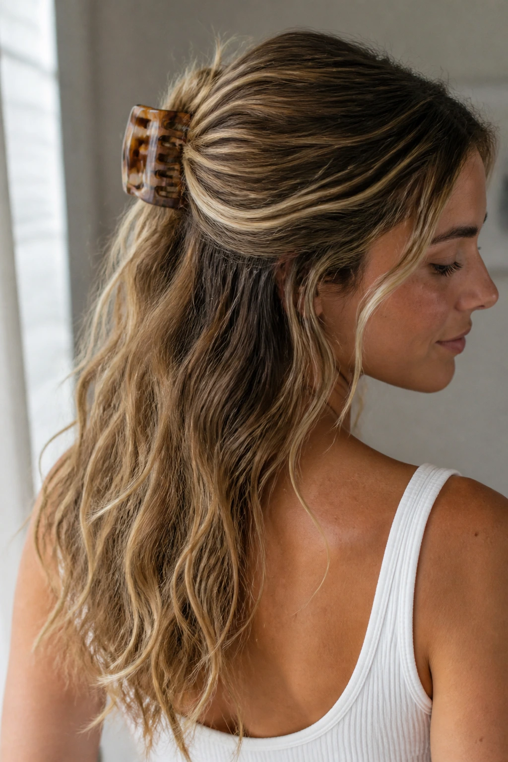 Close-up of real woman with half-up waves secured by a large claw clip