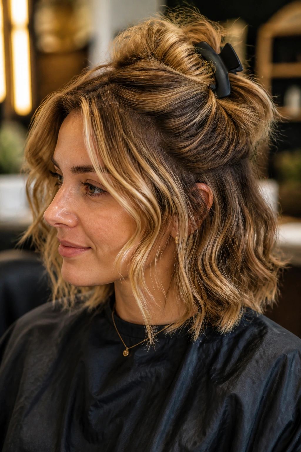 Close-up of real woman with a matte claw clip securing top waves in salon lighting