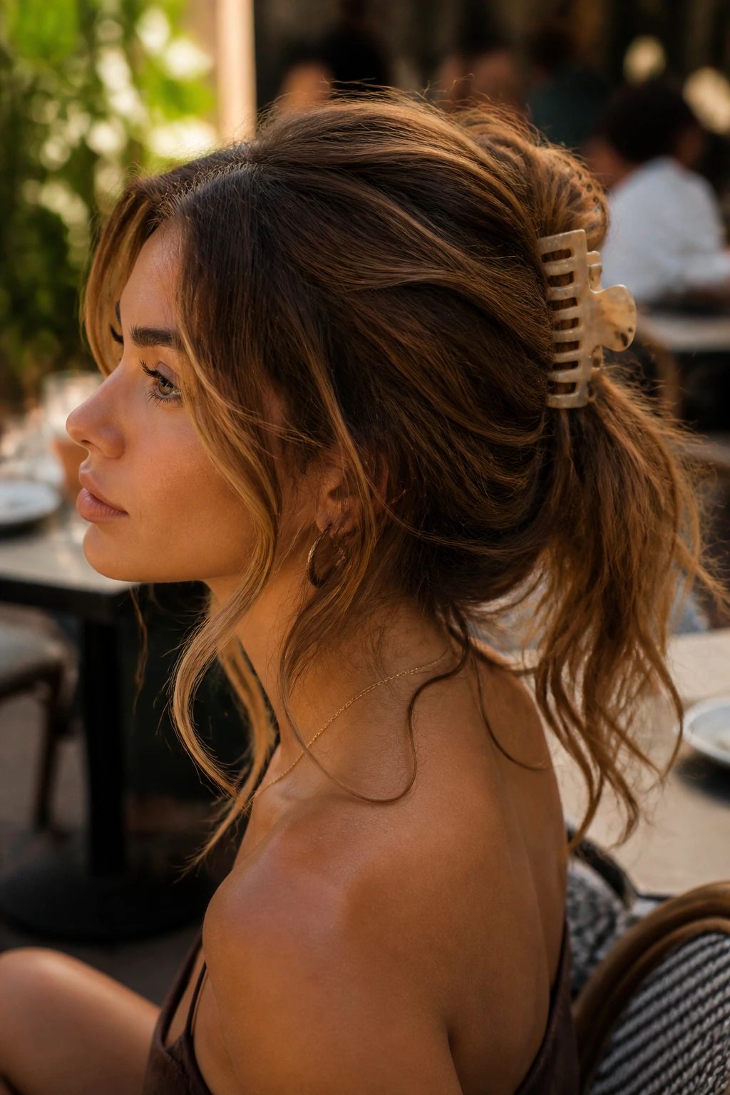 Close-up of a real woman with a claw-clip piled wave hairstyle in outdoor cafe light