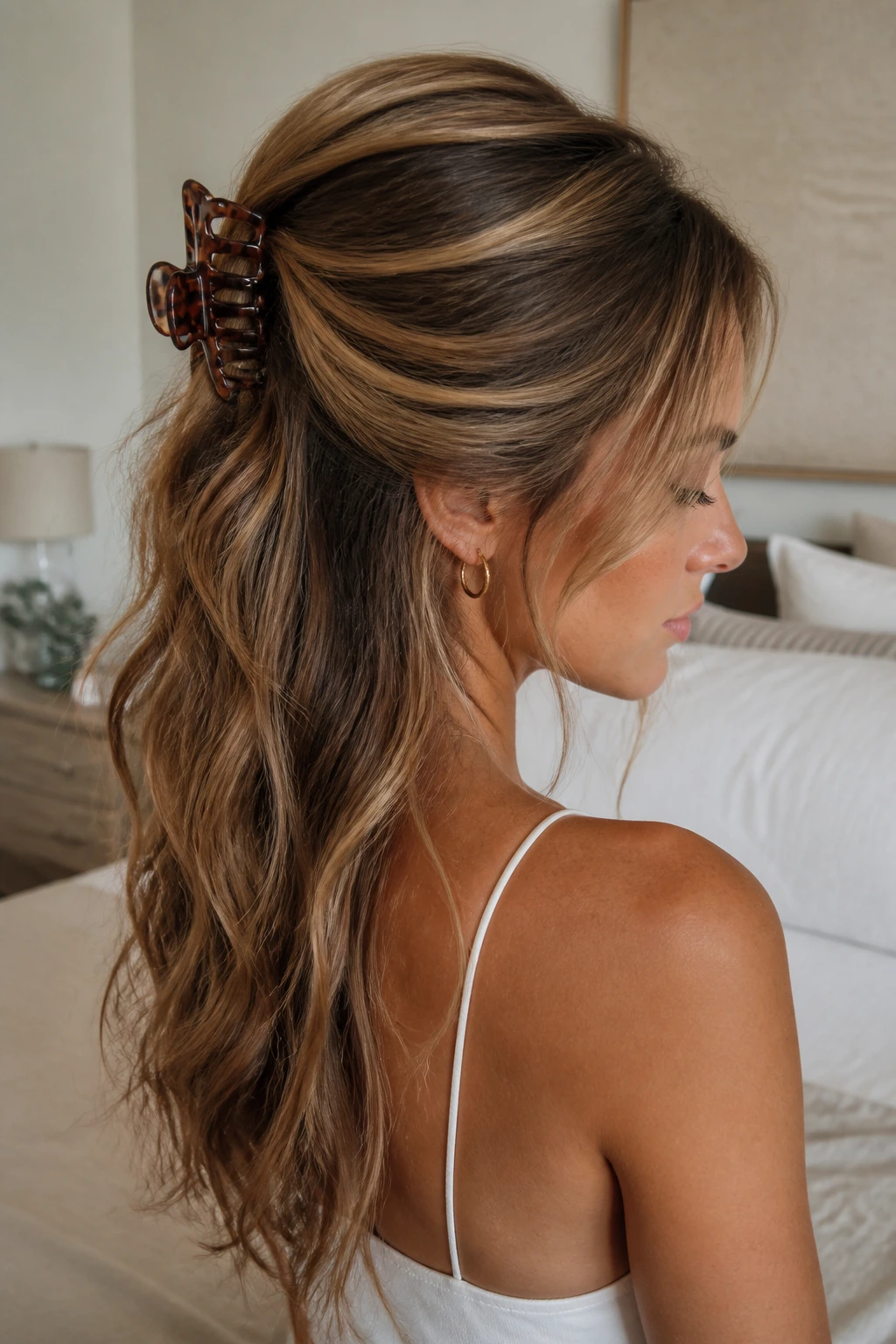 Woman showing claw clip in back of head with loose waves