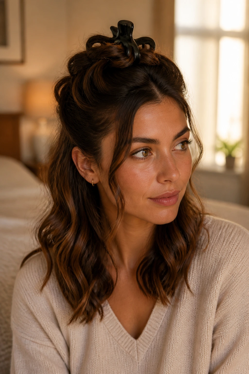 Close-up portrait of a real woman with claw-clip waves, crown pinned with a matte clip.