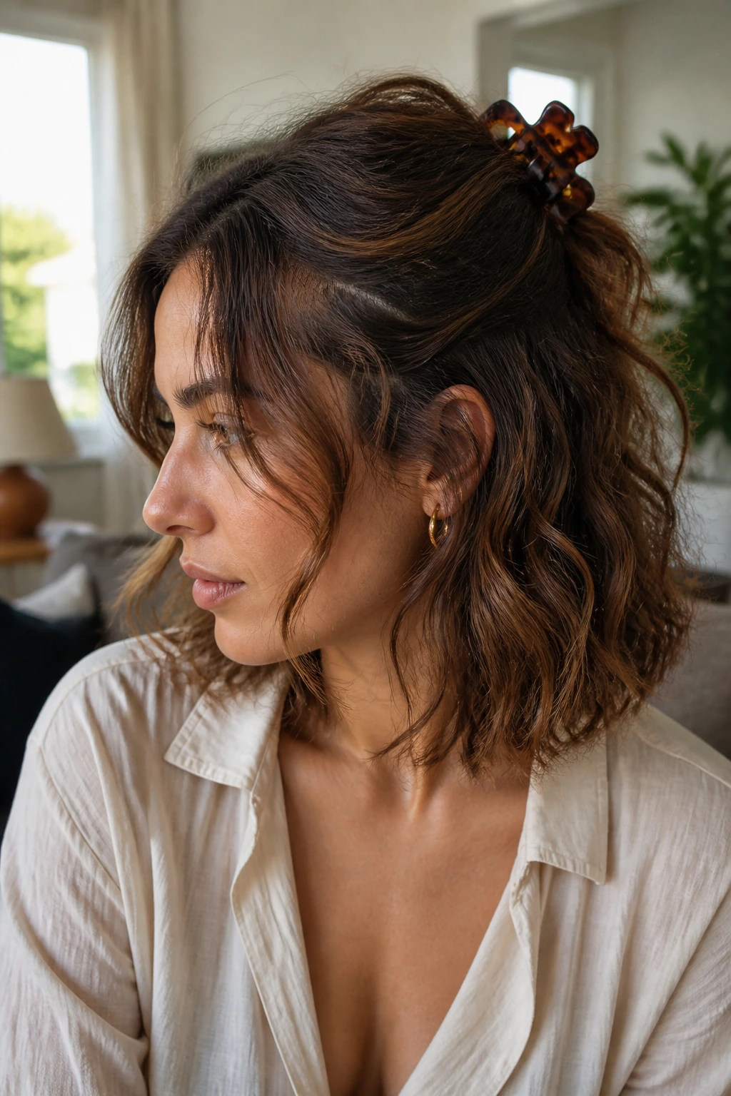 Portrait of a real woman with claw-clip waves for off-duty days, casual and loose