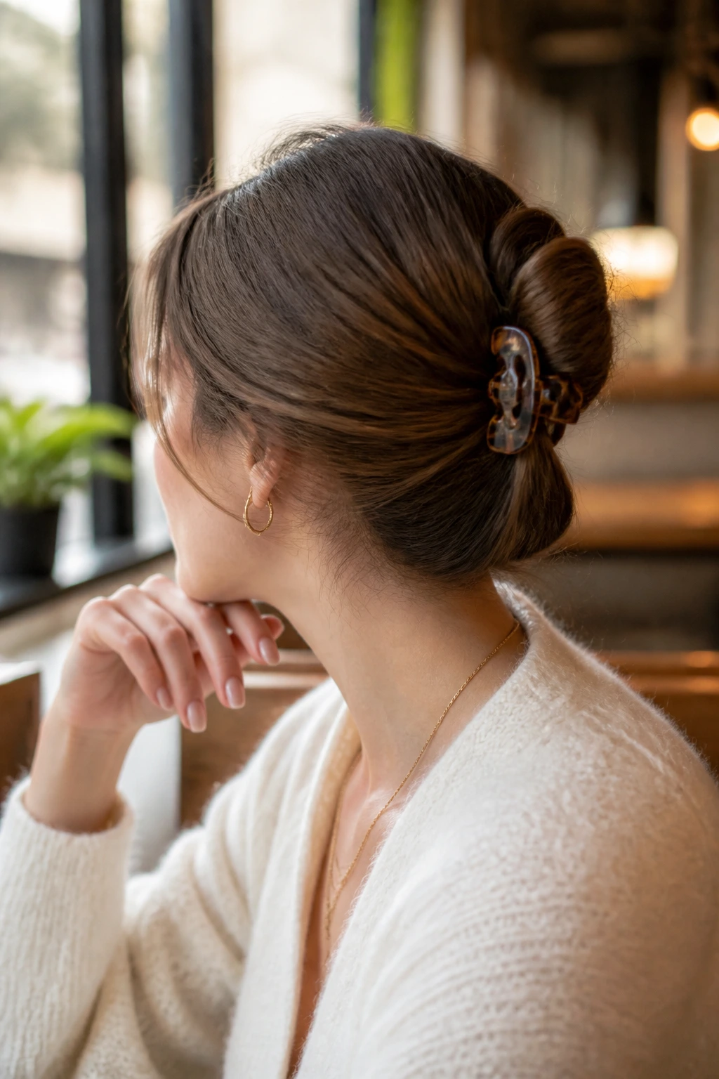 Close-up of a real woman with a low nape bun secured by a medium claw clip