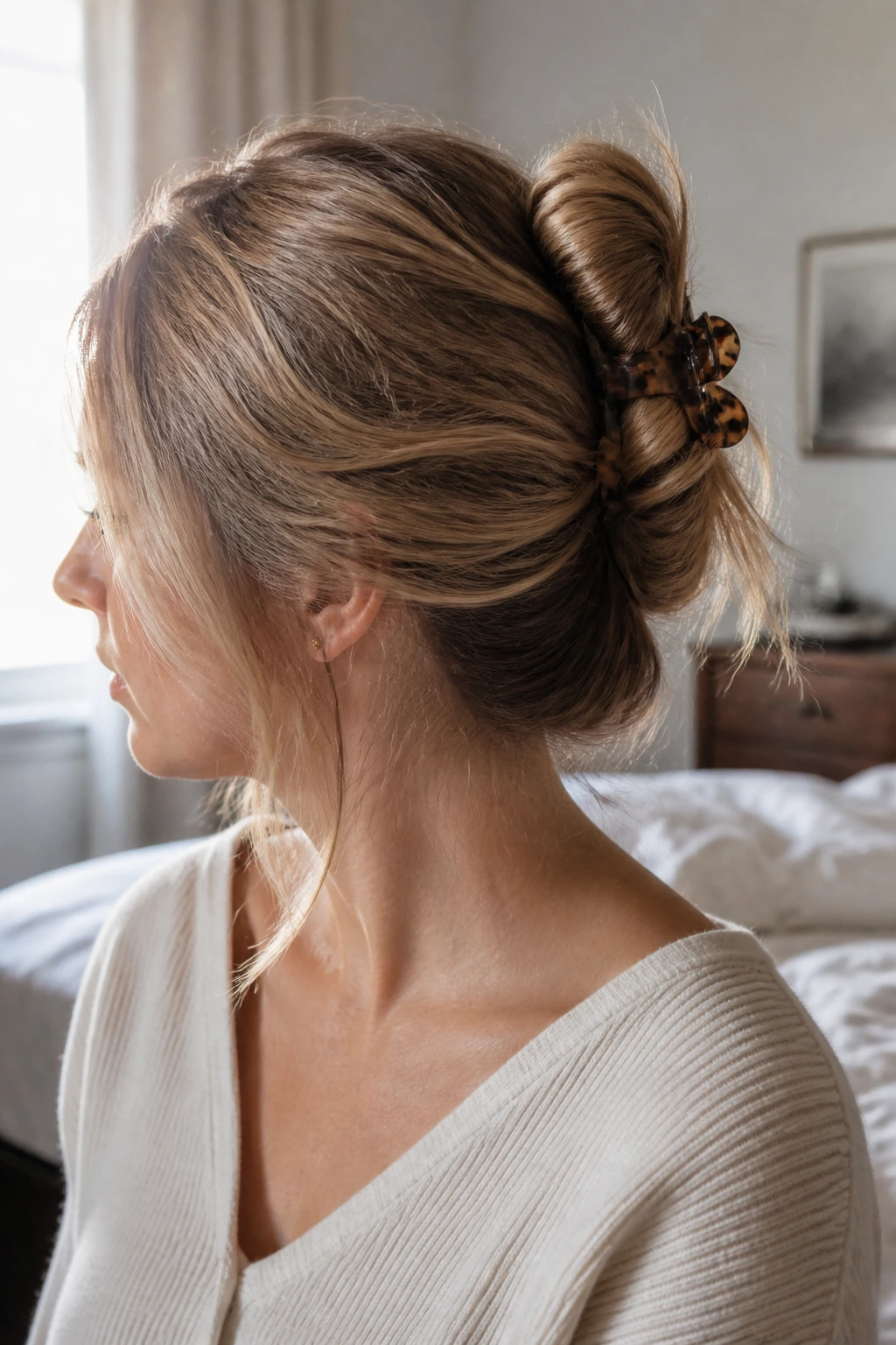 Close-up of a real woman wearing a claw-clip twist with loose ends in soft bedroom light