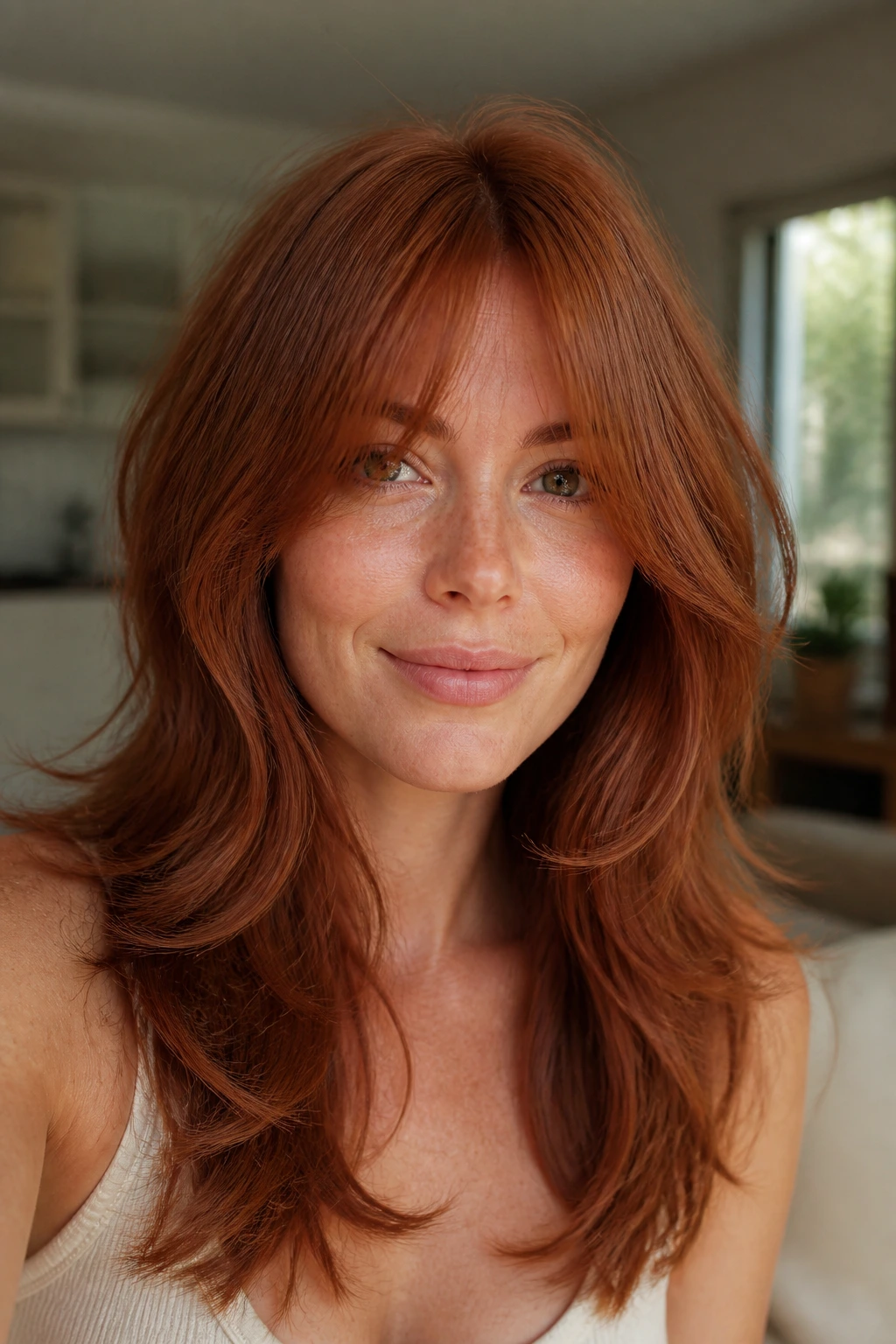 Close-up of a real person with clay red hair in airy layers, lit by soft daylight.
