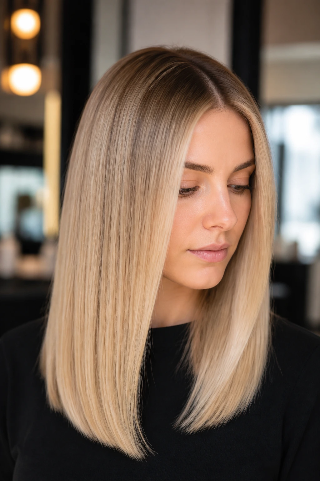 Close-up of straight blonde hair with precise color placement