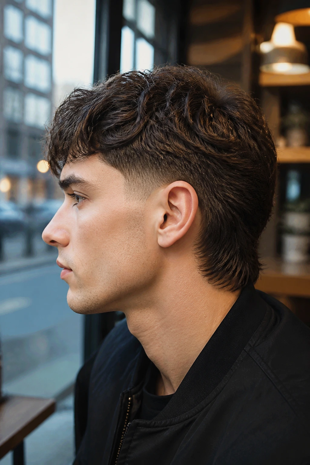 Close-up portrait of a real person with a clean-edged mullet and sharp ear framing.