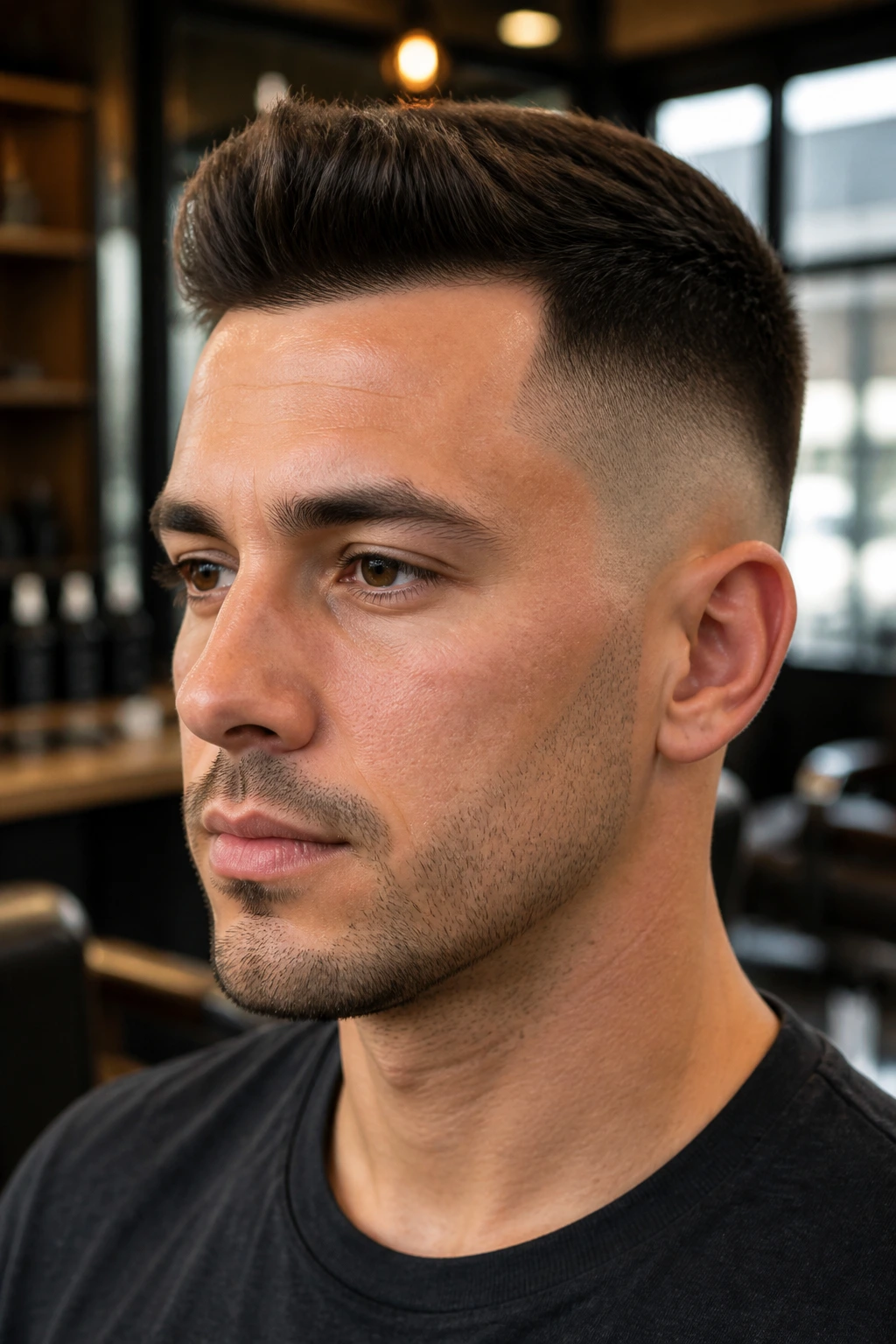 Man with a crisp fade wearing a neat top, in an urban setting