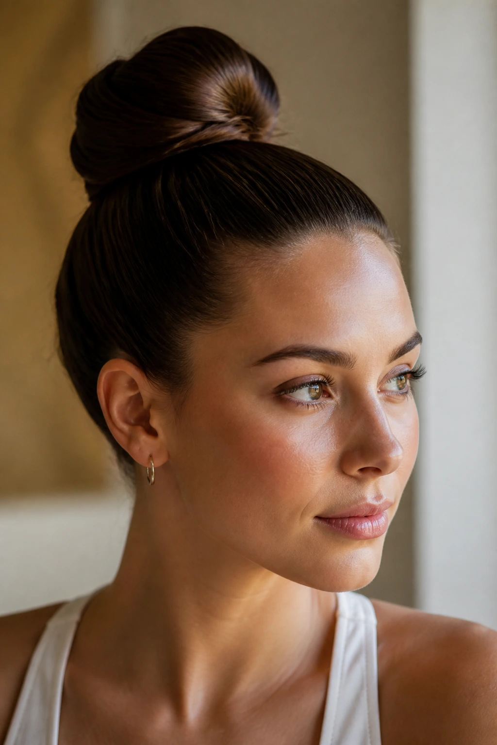 Close-up of a real woman with a neat sleek high bun in a bright, neutral room