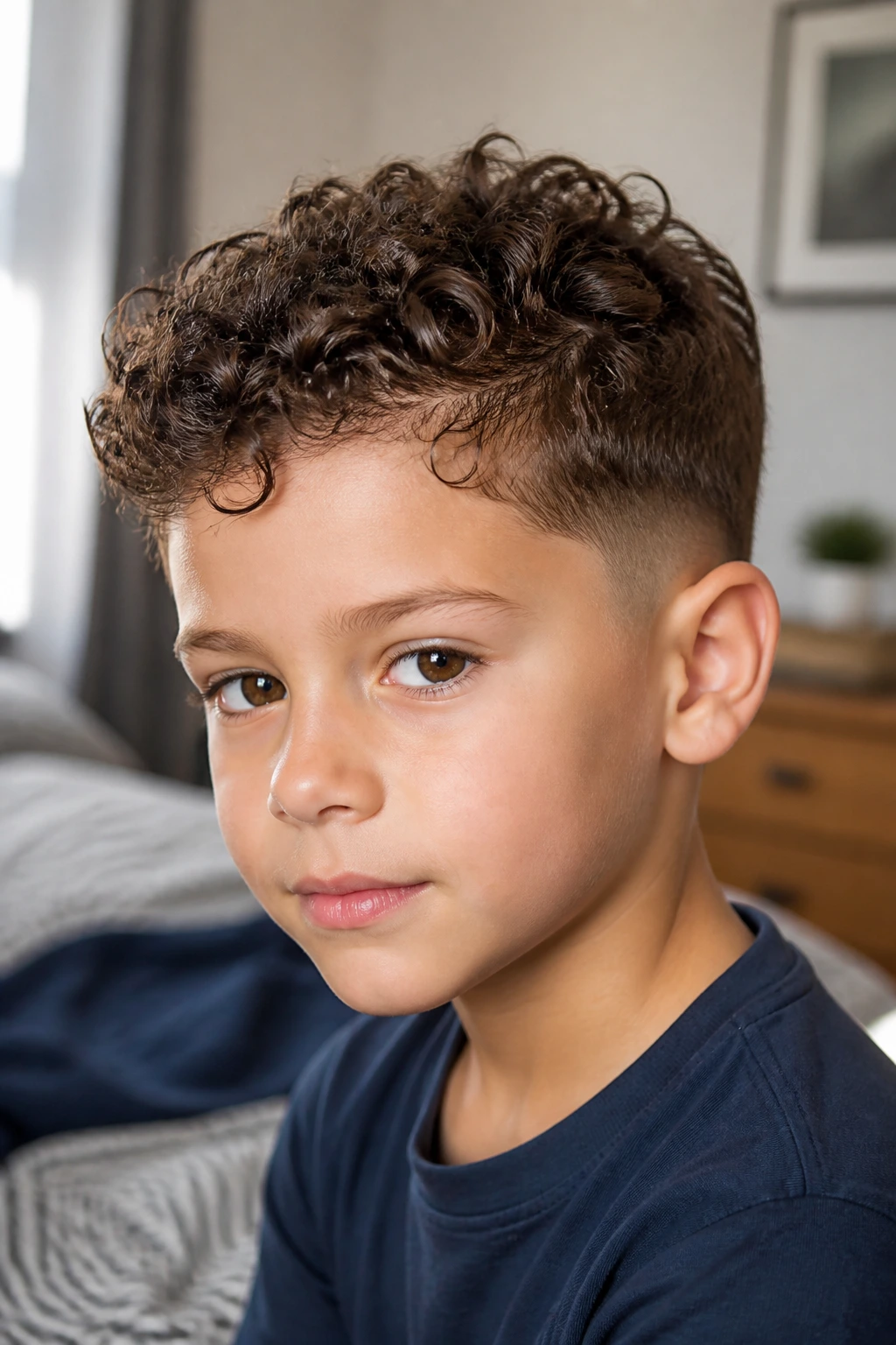 Close-up of a real boy with a neatly finished curly haircut