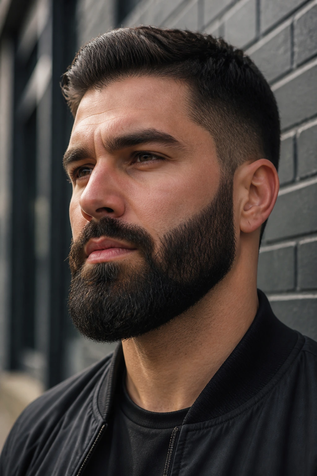 Close-up of a man with a clean full beard and crisp edges in daylight