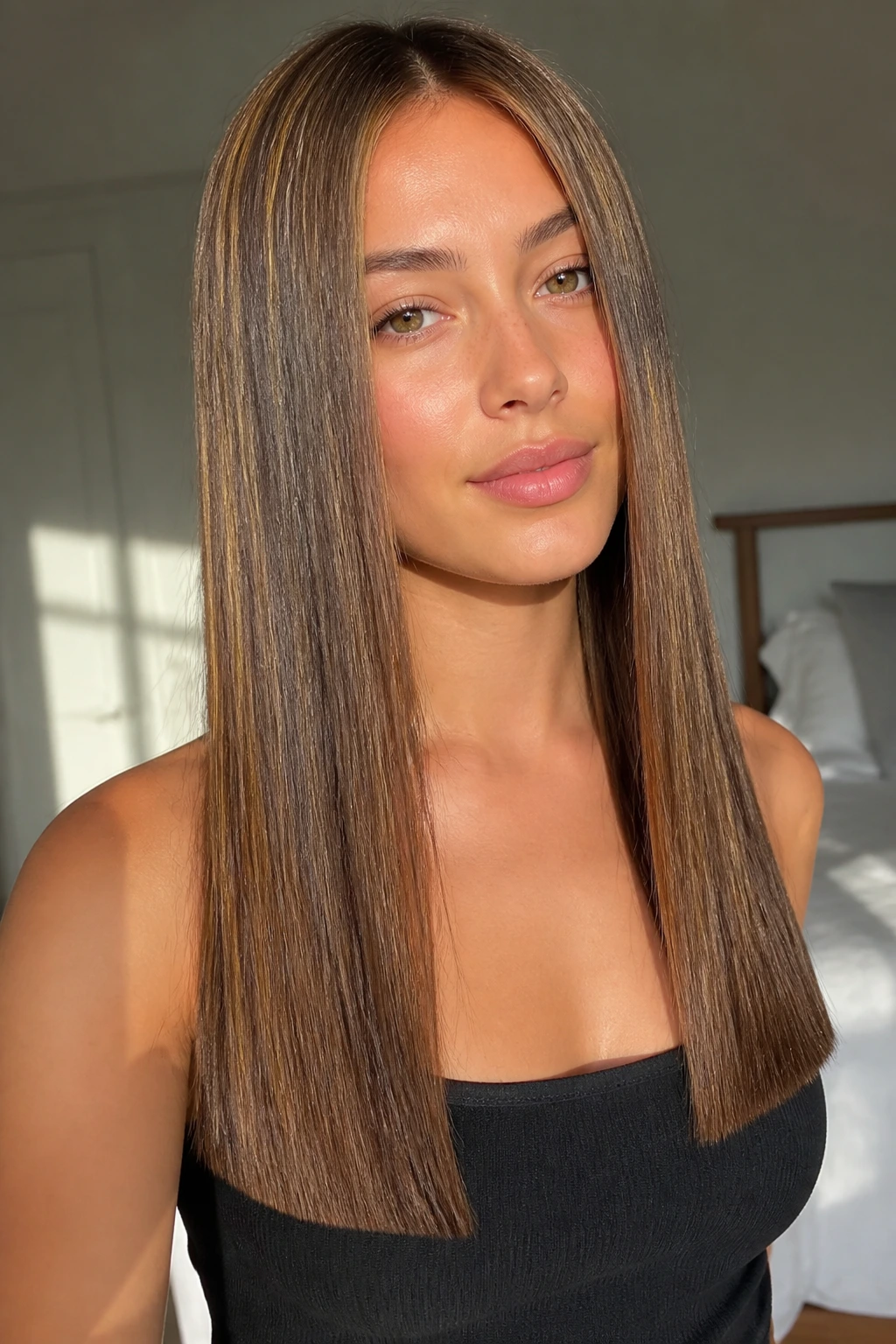 Close-up of real person with long straight hair and a crisp hemline.