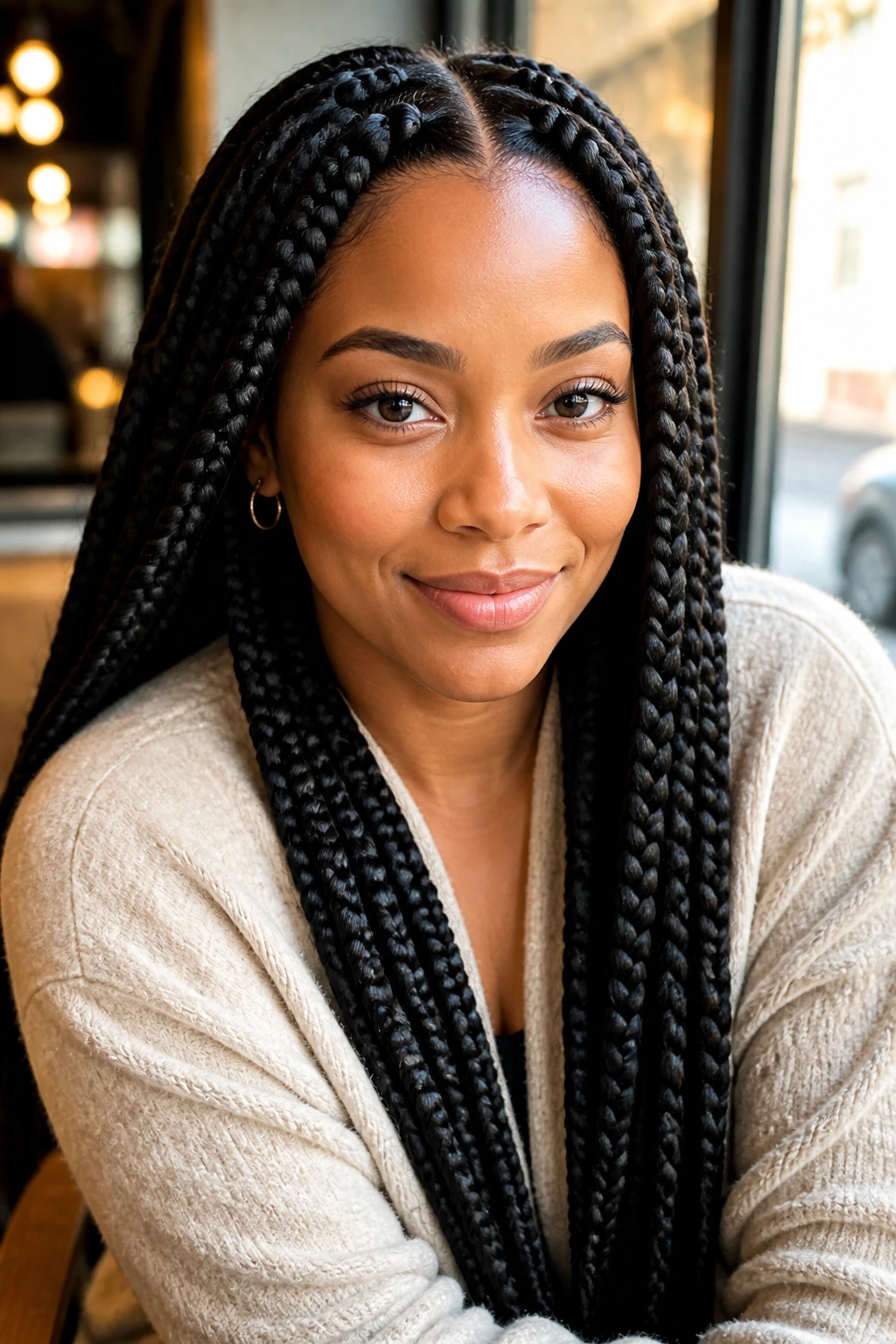 Real woman with clean, well-finished jumbo box braids