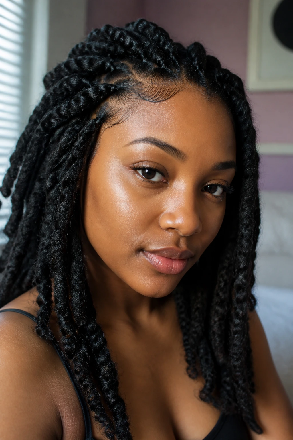 Close-up of a woman with a clean, laid Marley twists hairline.
