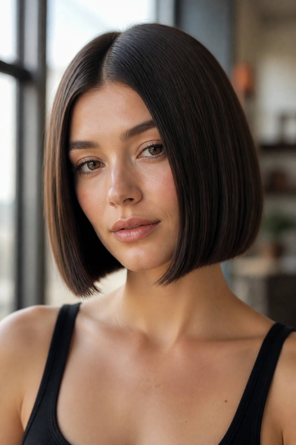 Portrait of a woman with a crisp bob line and center part