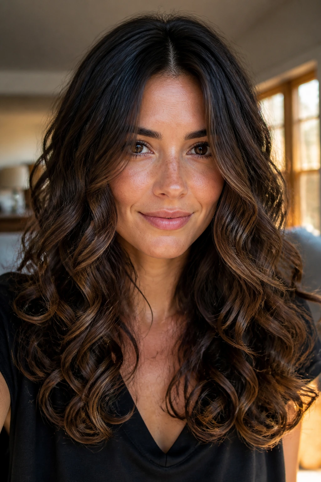 Close-up portrait of a real woman with clean-line layered hair, polished and structured.