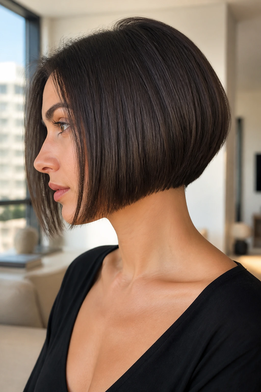 Real woman with a razor-sharp clean-line stacked bob in a bright modern space
