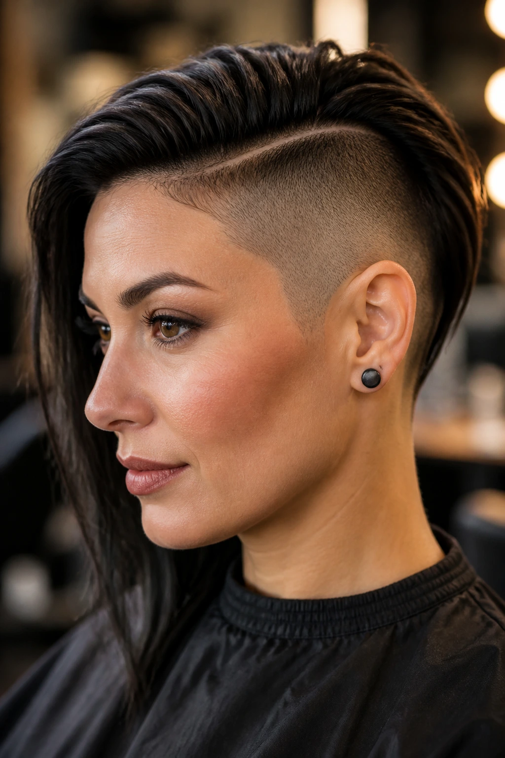 Close-up of a real woman with a crisp shaved side in a salon