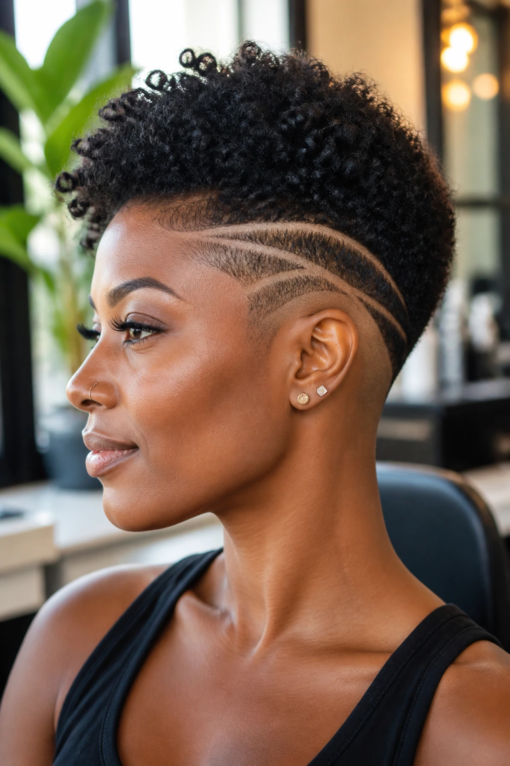 Close-up portrait of a real Black woman with a shaved design featuring crisp lines and soft textured top in a warm salon setting