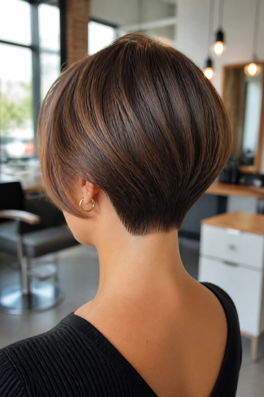 Real woman with clean nape stack hairstyle in salon lighting